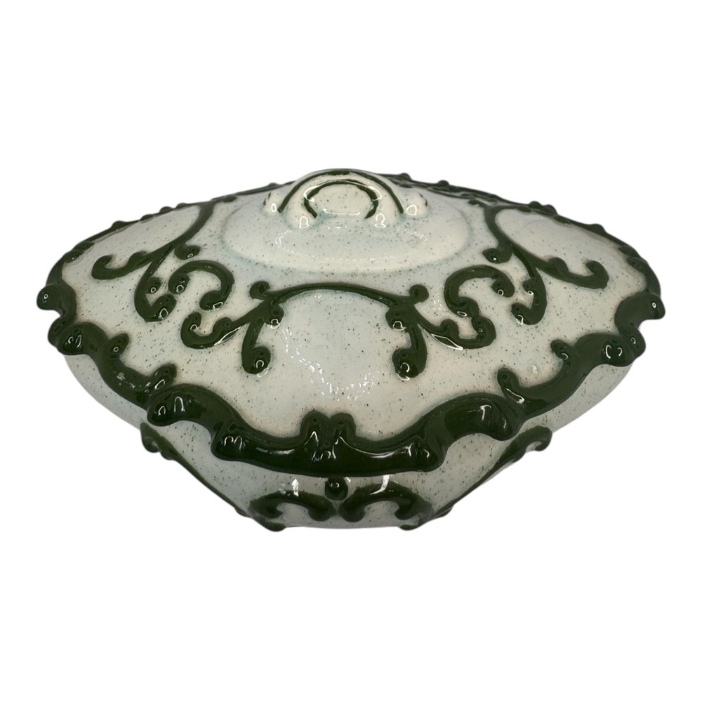 Vintage 1984 Signed JL Handmade Ceramic Trinket Box Green White Speckled Scroll